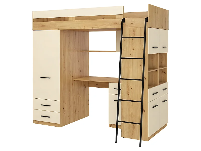 Lit Mezzanine 90x200cm avec échelle Placard, Bureau, bibliothèque et beaucoup d'étagéres LEVI P Chêne artisan/Crème