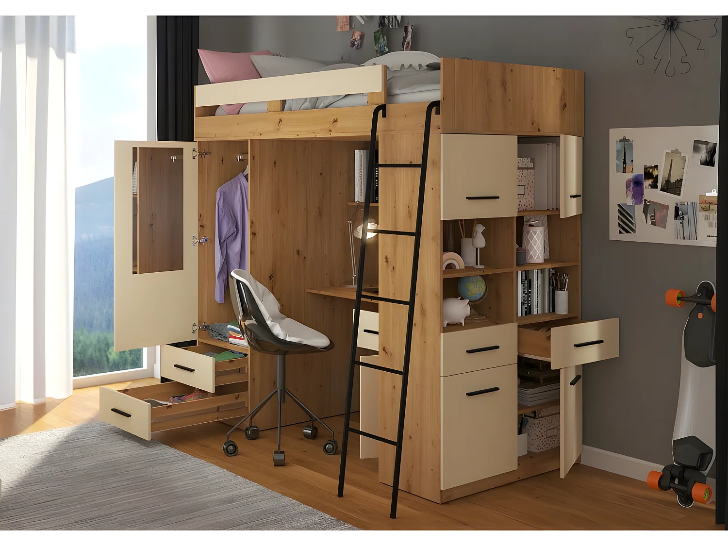 Lit Mezzanine 90x200cm avec échelle Placard, Bureau, bibliothèque et beaucoup d'étagéres LEVI P Chêne artisan/Crème