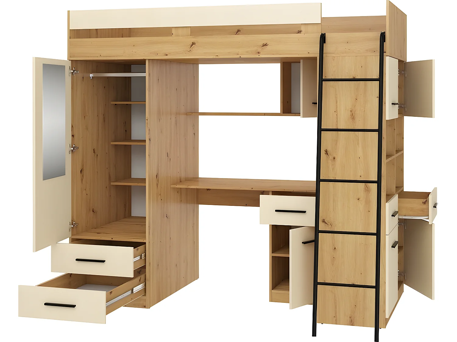 Lit Mezzanine 90x200cm avec échelle Placard, Bureau, bibliothèque et beaucoup d'étagéres LEVI P Chêne artisan/Crème