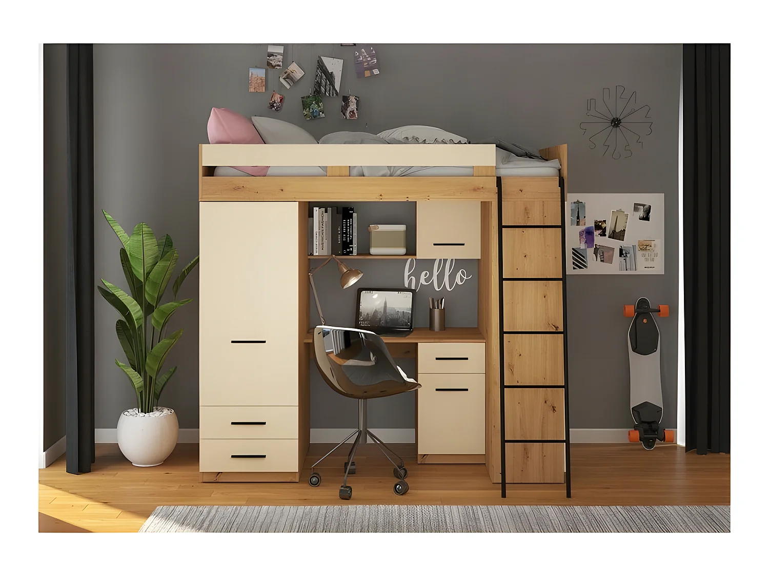 Lit Mezzanine 90x200cm avec échelle Placard, Bureau, bibliothèque et beaucoup d'étagéres LEVI P Chêne artisan/Crème