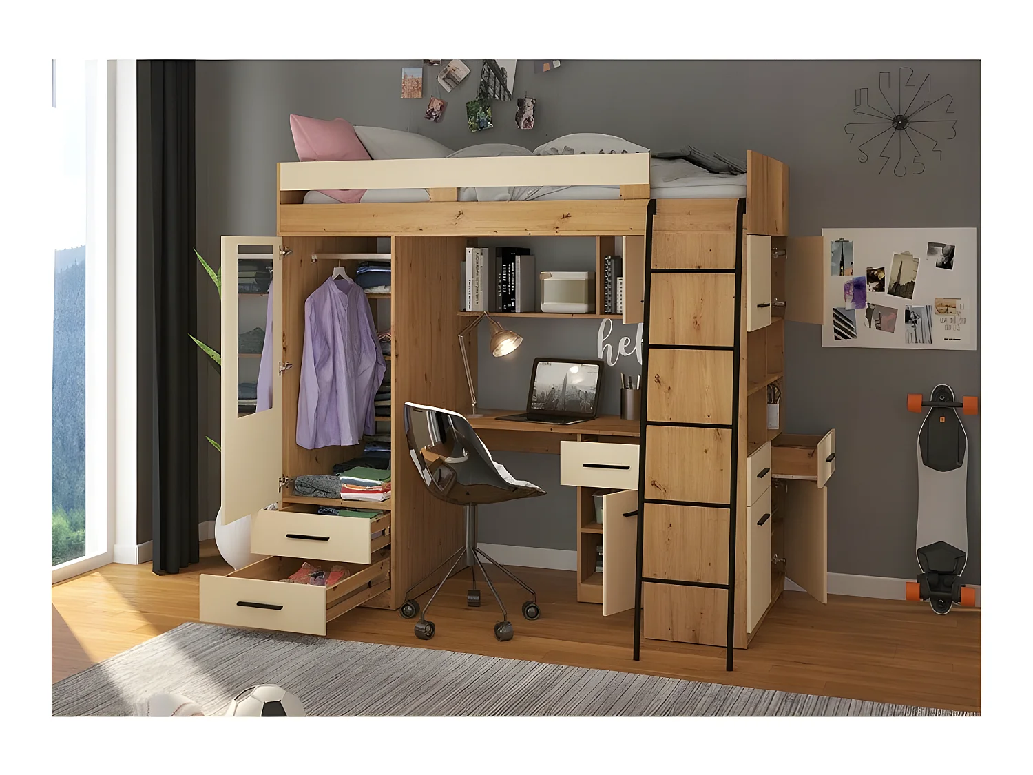 Lit Mezzanine 90x200cm avec échelle Placard, Bureau, bibliothèque et beaucoup d'étagéres LEVI P Chêne artisan/Crème