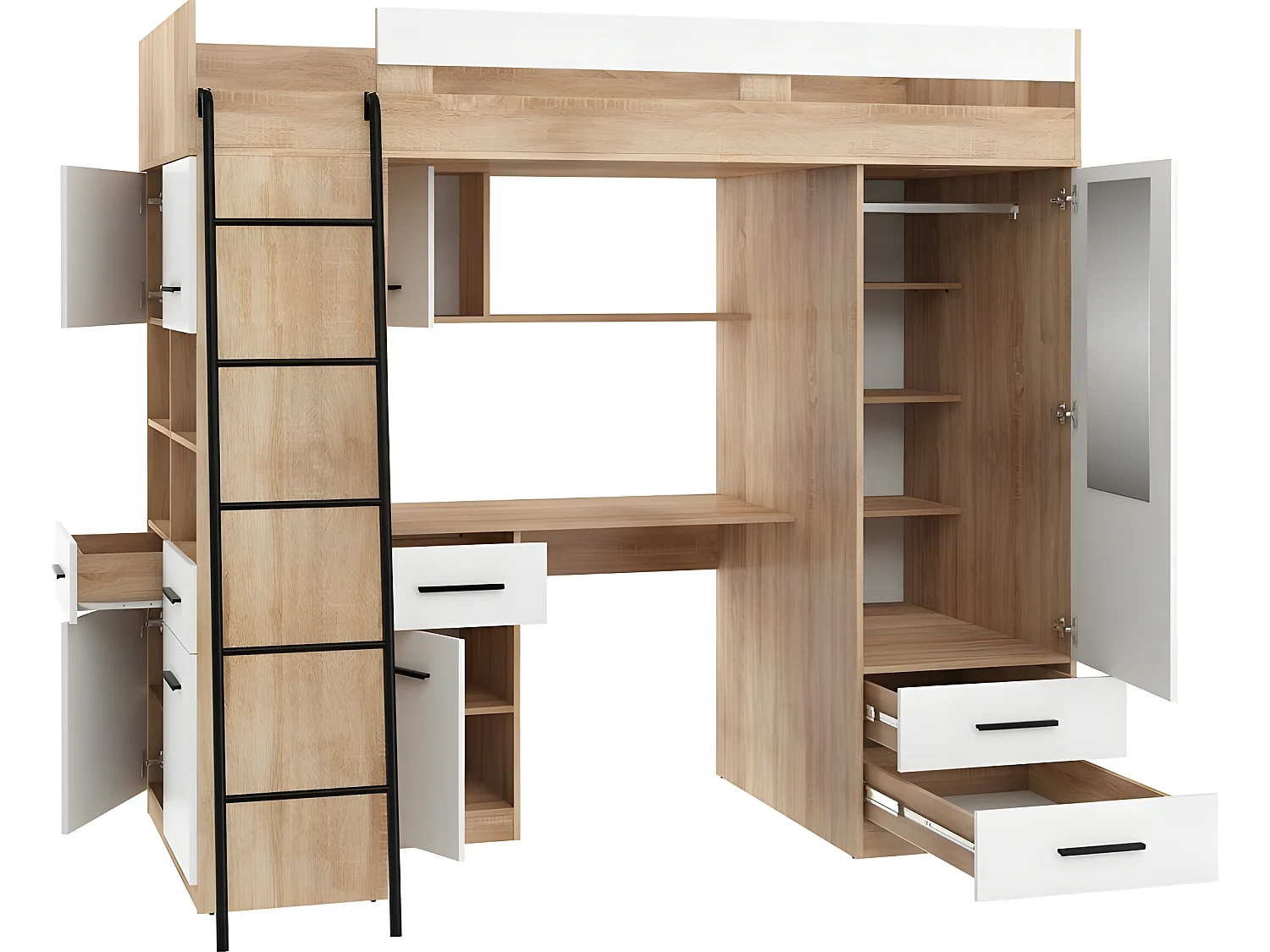 Lit Mezzanine 90x200cm avec échelle Placard, Bureau, bibliothèque et beaucoup d'étagéres LEVI L Chêne sonoma/Blanc