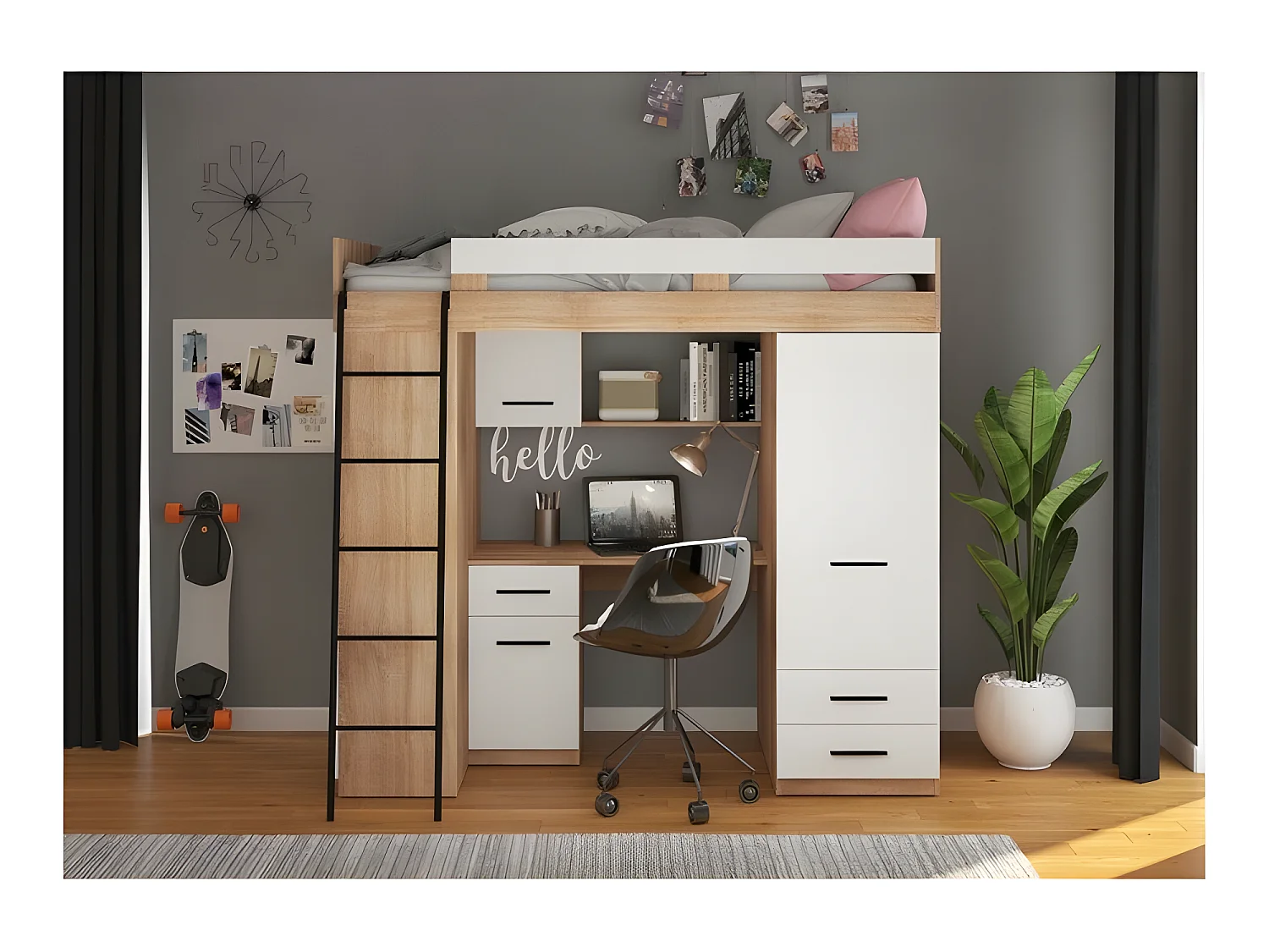 Lit Mezzanine 90x200cm avec échelle Placard, Bureau, bibliothèque et beaucoup d'étagéres LEVI L Chêne sonoma/Blanc