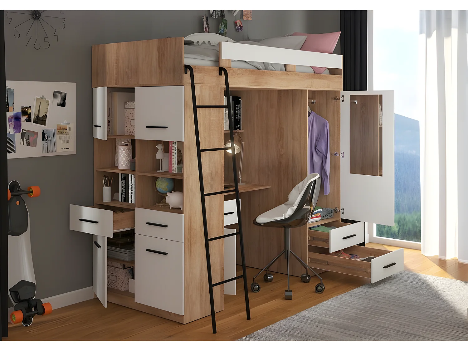 Lit Mezzanine 90x200cm avec échelle Placard, Bureau, bibliothèque et beaucoup d'étagéres LEVI L Chêne sonoma/Blanc