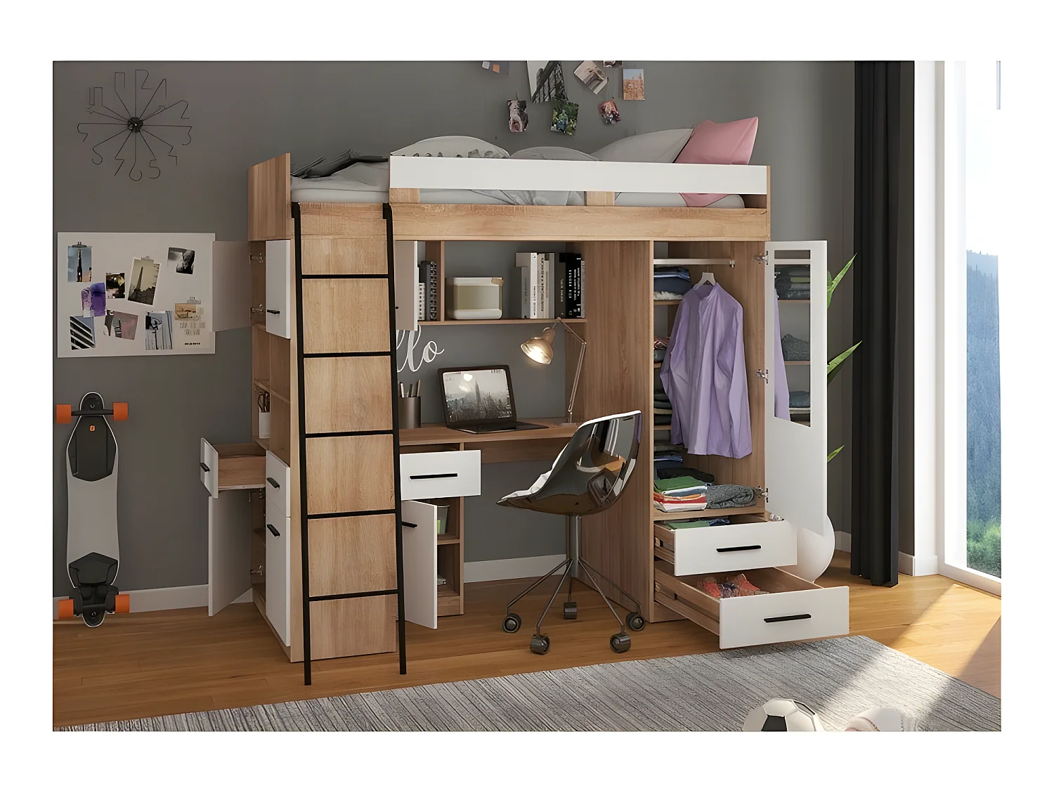 Lit Mezzanine 90x200cm avec échelle Placard, Bureau, bibliothèque et beaucoup d'étagéres LEVI L Chêne sonoma/Blanc