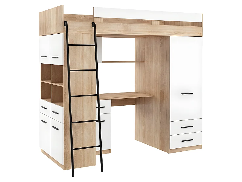 Lit Mezzanine 90x200cm avec échelle Placard, Bureau, bibliothèque et beaucoup d'étagéres LEVI L Chêne sonoma/Blanc