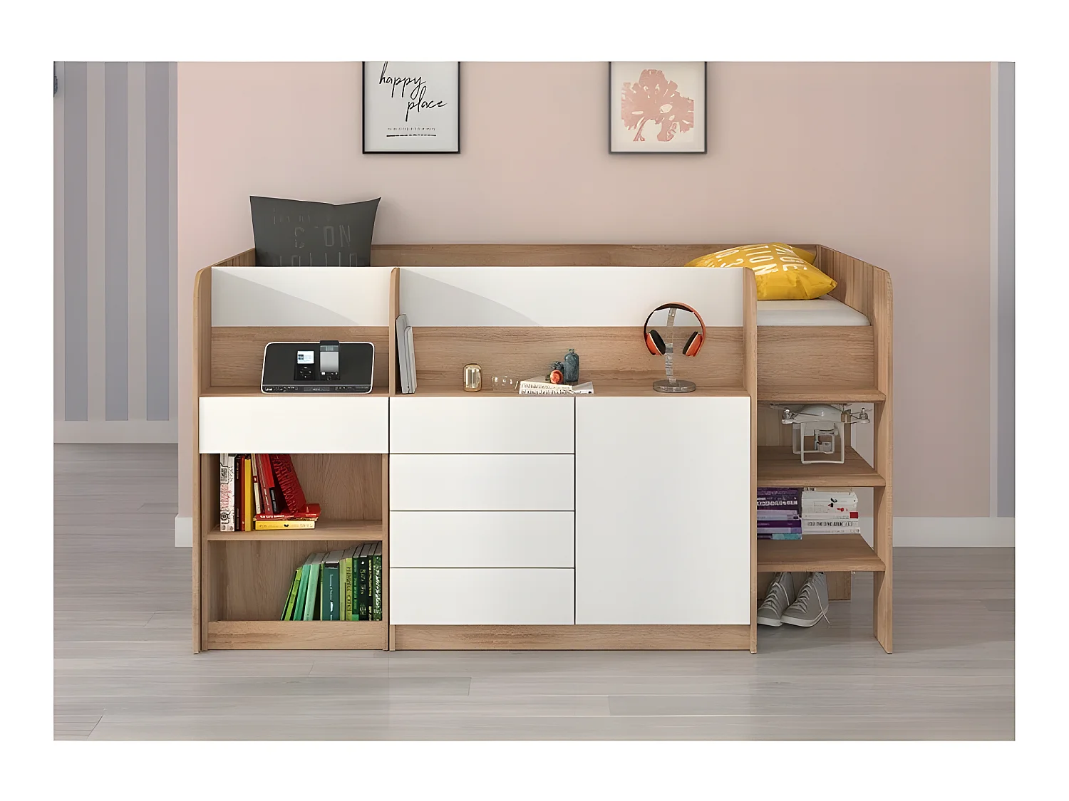 Lit Mezzanine 90x200cm avec échelle Placard, Bureau amovible, bibliothèque et  des étagéres SMIDA P Chêne sonoma/Blanc