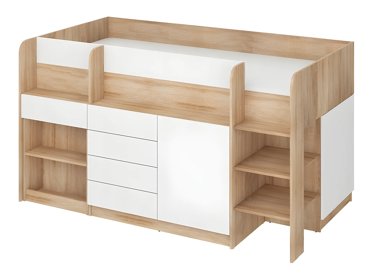 Lit Mezzanine 90x200cm avec échelle Placard, Bureau amovible, bibliothèque et  des étagéres SMIDA P Chêne sonoma/Blanc