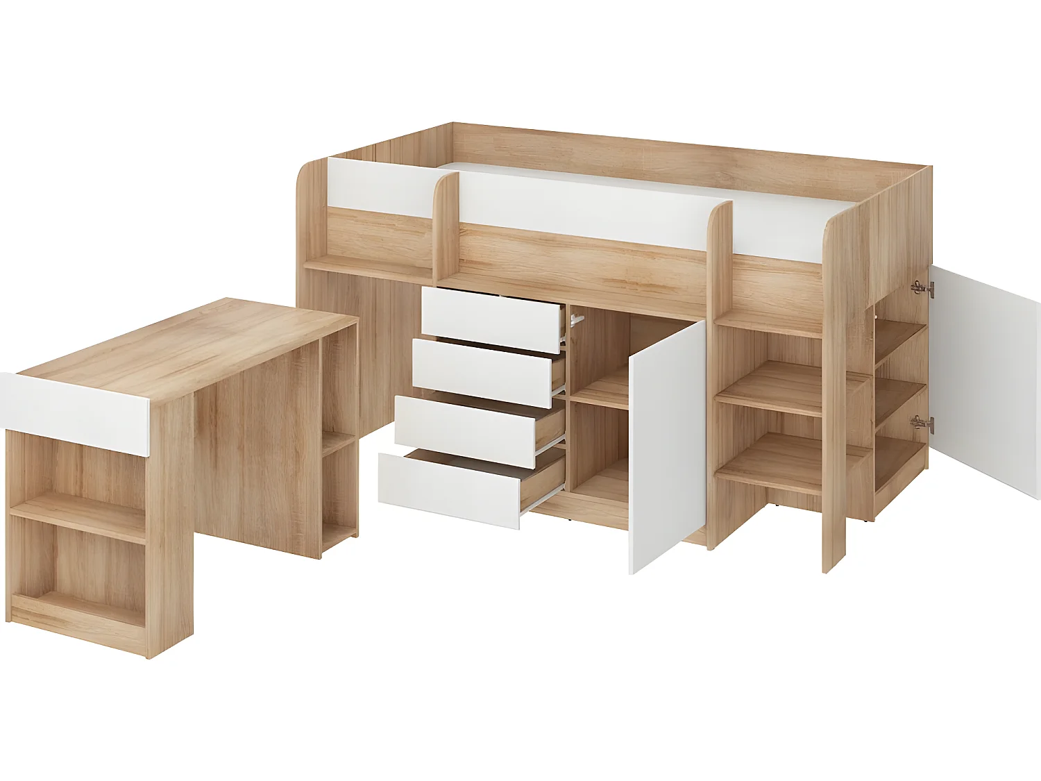 Lit Mezzanine 90x200cm avec échelle Placard, Bureau amovible, bibliothèque et  des étagéres SMIDA P Chêne sonoma/Blanc