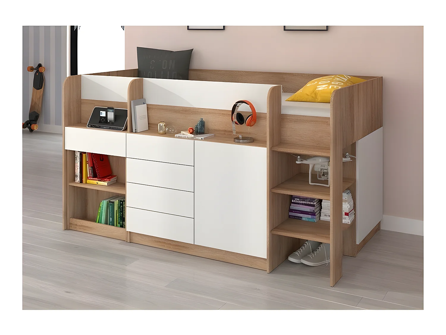 Lit Mezzanine 90x200cm avec échelle Placard, Bureau amovible, bibliothèque et  des étagéres SMIDA P Chêne sonoma/Blanc