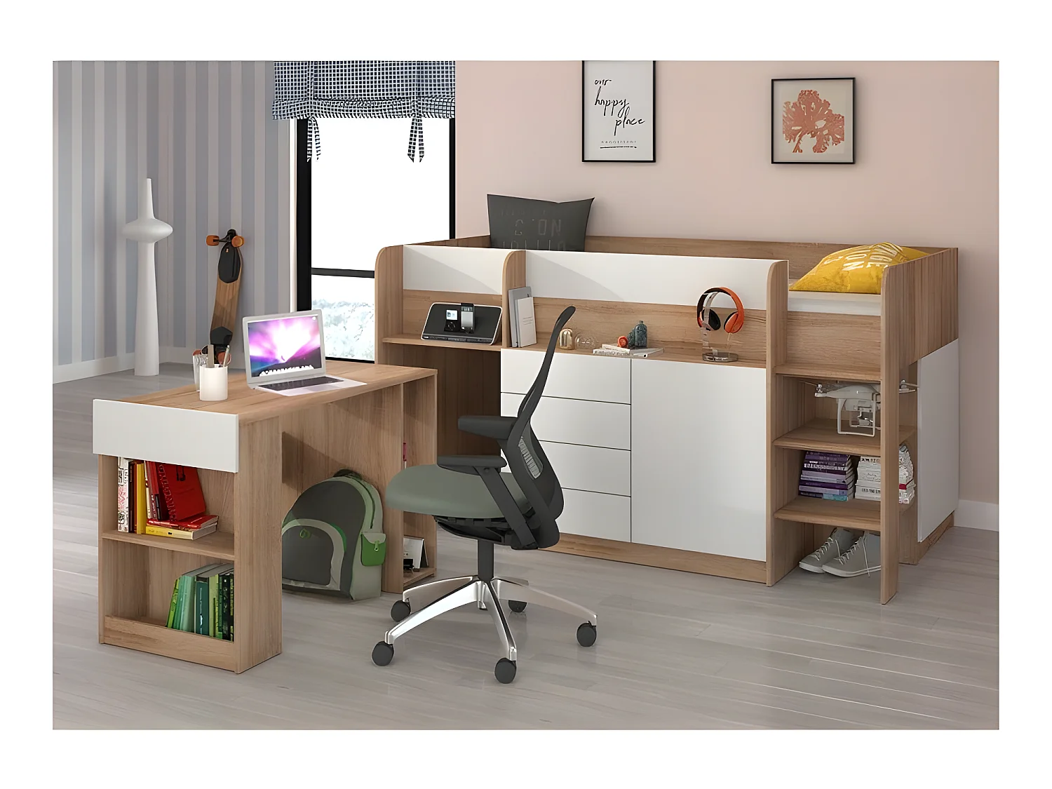 Lit Mezzanine 90x200cm avec échelle Placard, Bureau amovible, bibliothèque et  des étagéres SMIDA P Chêne sonoma/Blanc