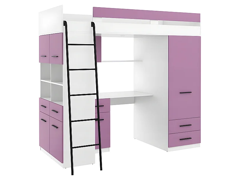Lit Mezzanine 90x200cm avec échelle Placard, Bureau, bibliothèque et beaucoup d'étagéres LEVI L Blanc/Lavande