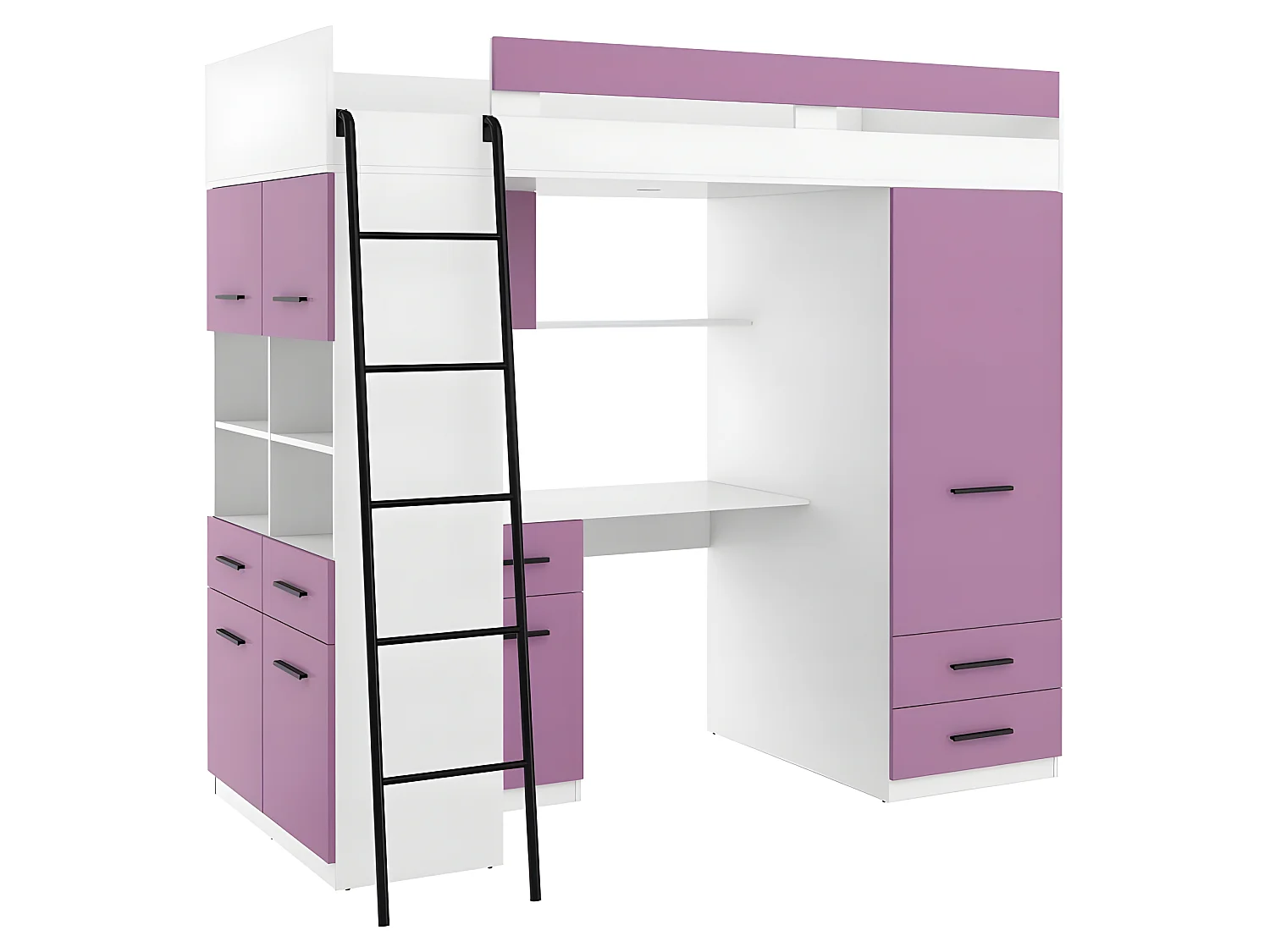 Lit Mezzanine 90x200cm avec échelle Placard, Bureau, bibliothèque et beaucoup d'étagéres LEVI L Blanc/Lavande