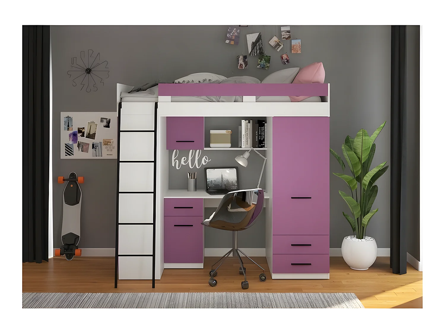 Lit Mezzanine 90x200cm avec échelle Placard, Bureau, bibliothèque et beaucoup d'étagéres LEVI L Blanc/Lavande