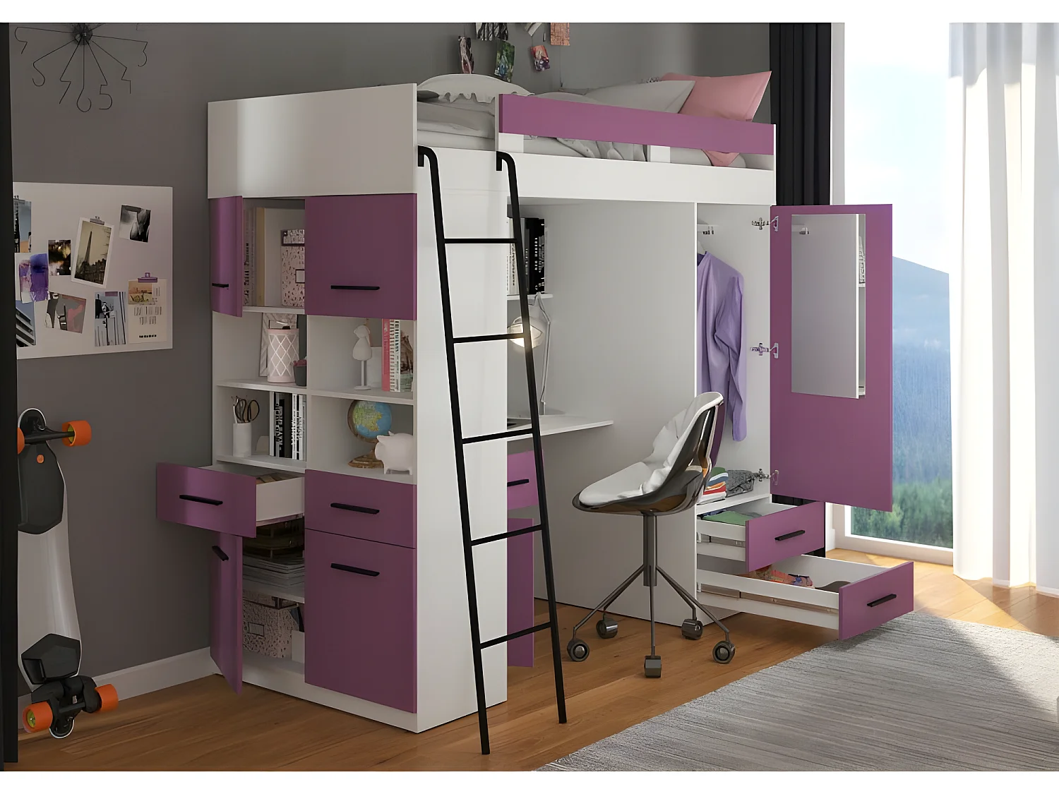 Lit Mezzanine 90x200cm avec échelle Placard, Bureau, bibliothèque et beaucoup d'étagéres LEVI L Blanc/Lavande