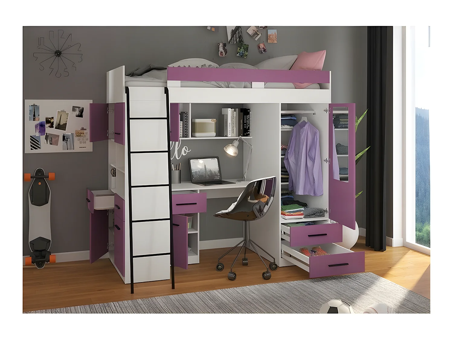 Lit Mezzanine 90x200cm avec échelle Placard, Bureau, bibliothèque et beaucoup d'étagéres LEVI L Blanc/Lavande