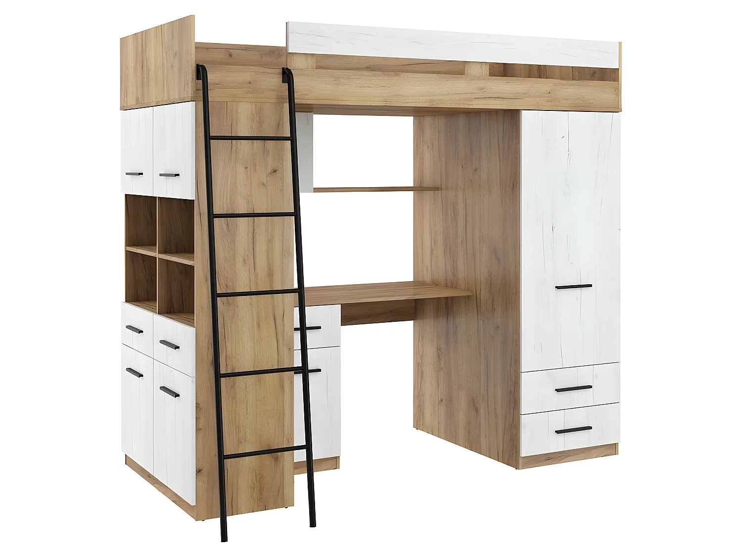 Lit Mezzanine 90x200cm avec échelle Placard, Bureau, bibliothèque et beaucoup d'étagéres LEVI L Chêne artisan/Blanc artisan