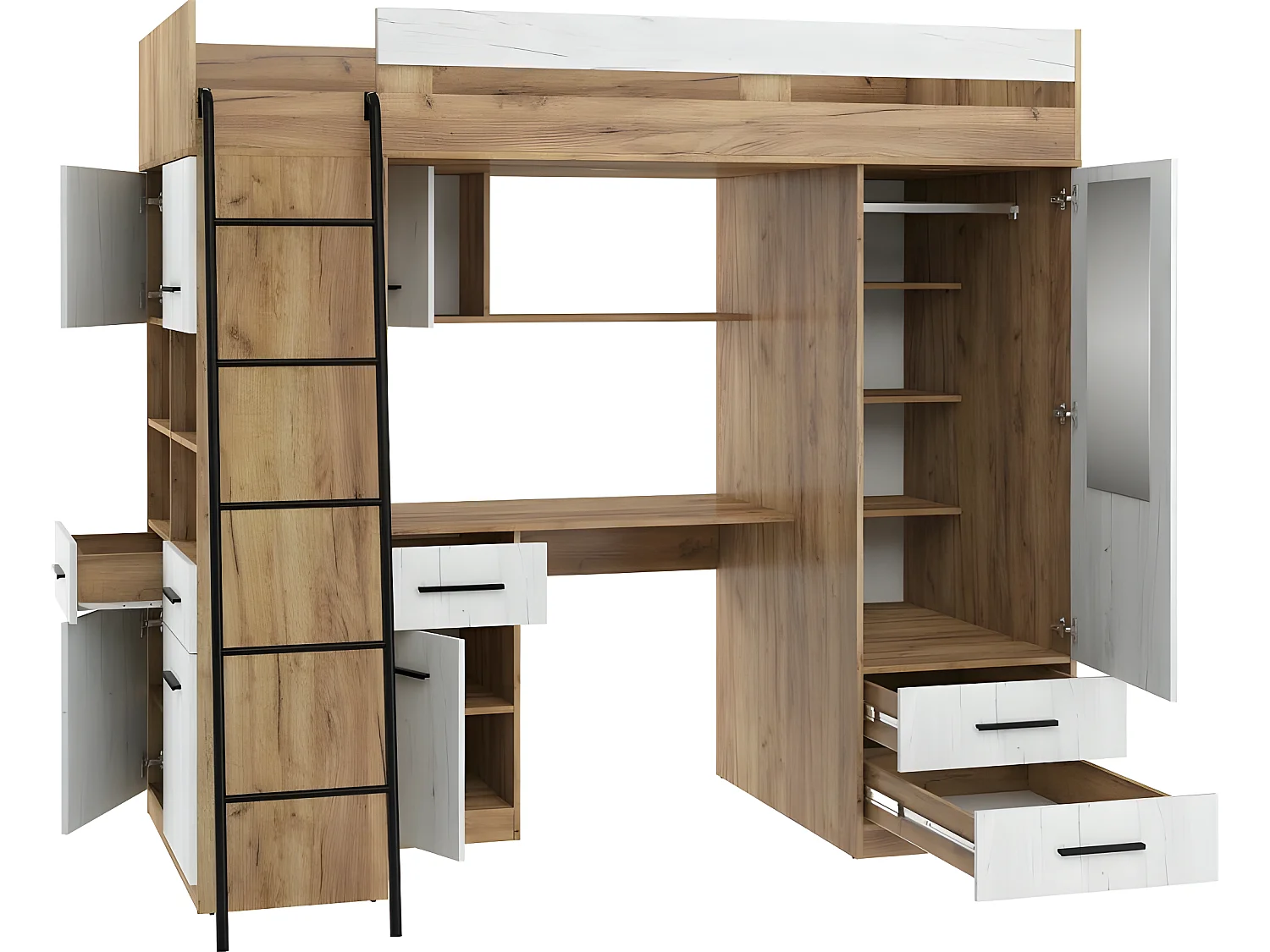 Lit Mezzanine 90x200cm avec échelle Placard, Bureau, bibliothèque et beaucoup d'étagéres LEVI L Chêne artisan/Blanc artisan