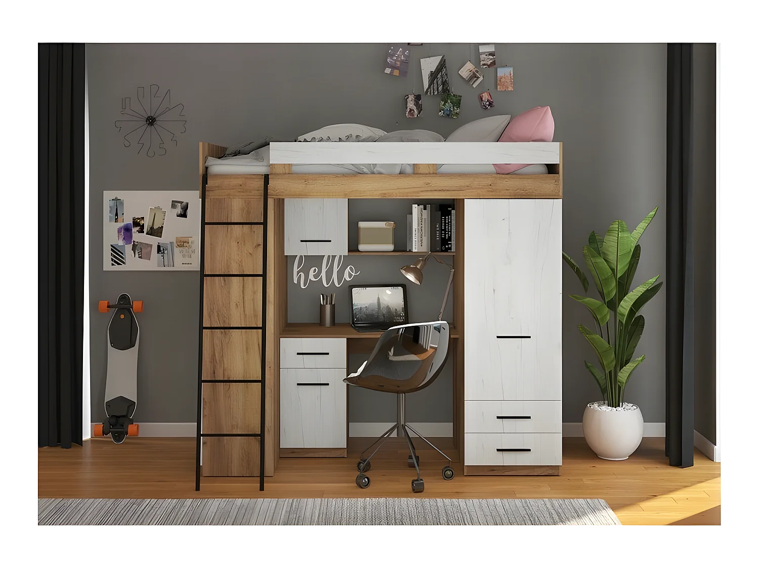 Lit Mezzanine 90x200cm avec échelle Placard, Bureau, bibliothèque et beaucoup d'étagéres LEVI L Chêne artisan/Blanc artisan