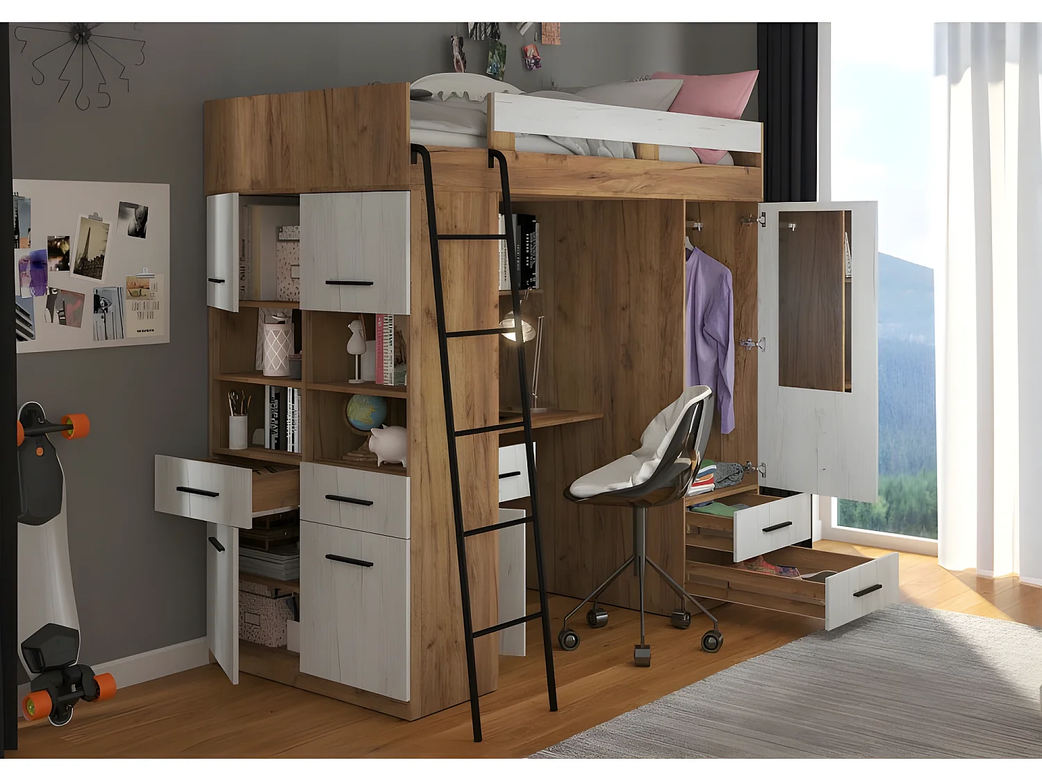 Lit Mezzanine 90x200cm avec échelle Placard, Bureau, bibliothèque et beaucoup d'étagéres LEVI L Chêne artisan/Blanc artisan