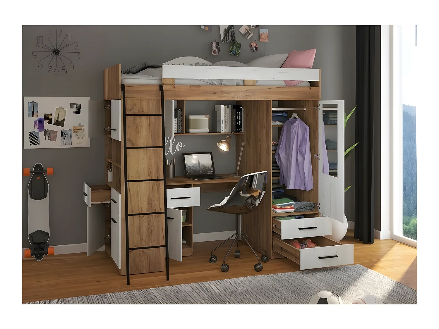 Lit Mezzanine 90x200cm avec échelle Placard, Bureau, bibliothèque et beaucoup d'étagéres LEVI L Chêne artisan/Blanc artisan