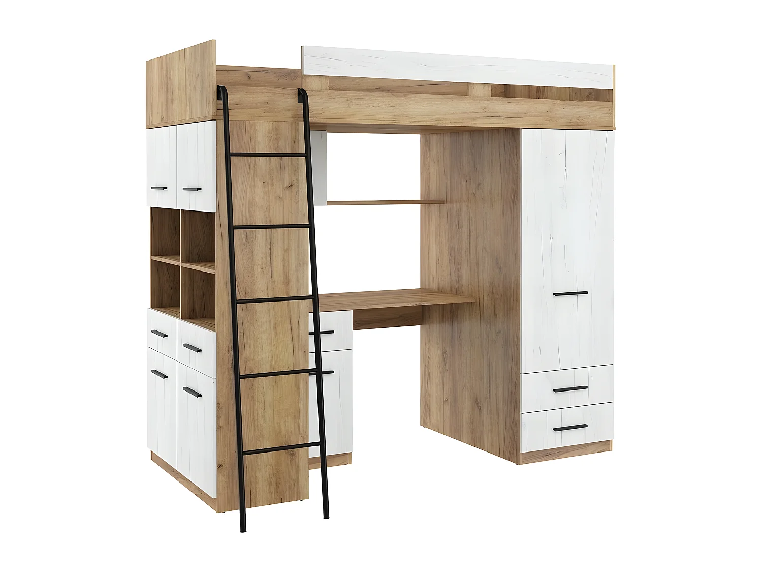 Lit Mezzanine 90x200cm avec échelle Placard, Bureau, bibliothèque et beaucoup d'étagéres LEVI L Chêne artisan/Blanc artisan