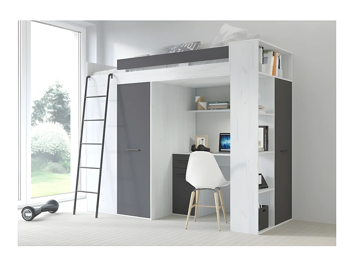 Lit Mezzanine 90x200cm avec échelle Placard, Bureau, bibliothèque et beaucoup d'étagéres VENA L Blanc artisan /Graphite