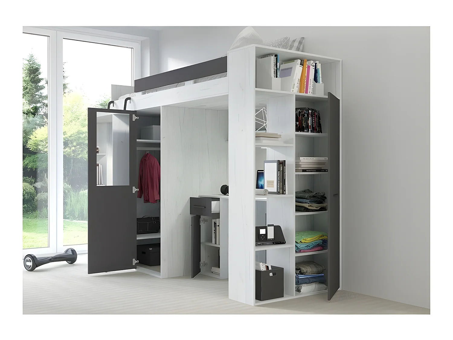 Lit Mezzanine 90x200cm avec échelle Placard, Bureau, bibliothèque et beaucoup d'étagéres VENA L Blanc artisan /Graphite