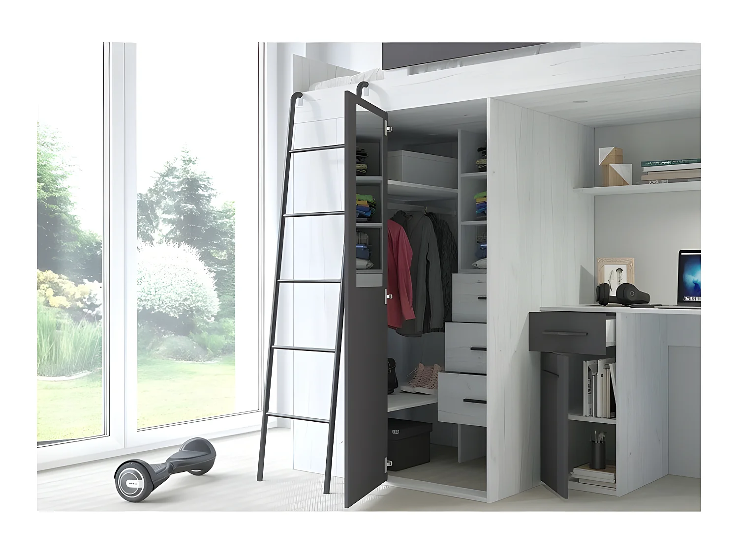 Lit Mezzanine 90x200cm avec échelle Placard, Bureau, bibliothèque et beaucoup d'étagéres VENA L Blanc artisan /Graphite