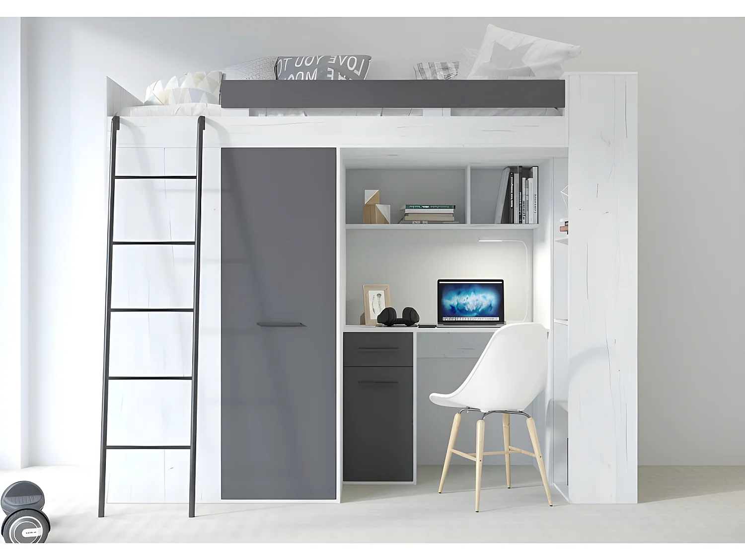 Lit Mezzanine 90x200cm avec échelle Placard, Bureau, bibliothèque et beaucoup d'étagéres VENA L Blanc artisan /Graphite