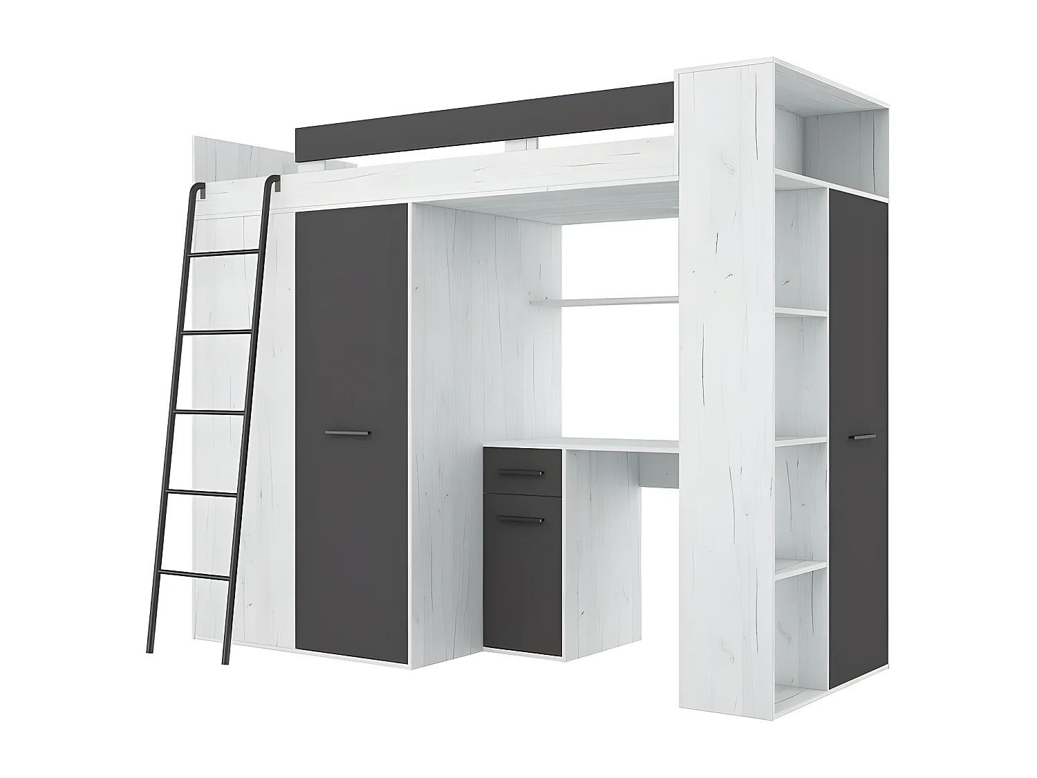 Lit Mezzanine 90x200cm avec échelle Placard, Bureau, bibliothèque et beaucoup d'étagéres VENA L Blanc artisan /Graphite