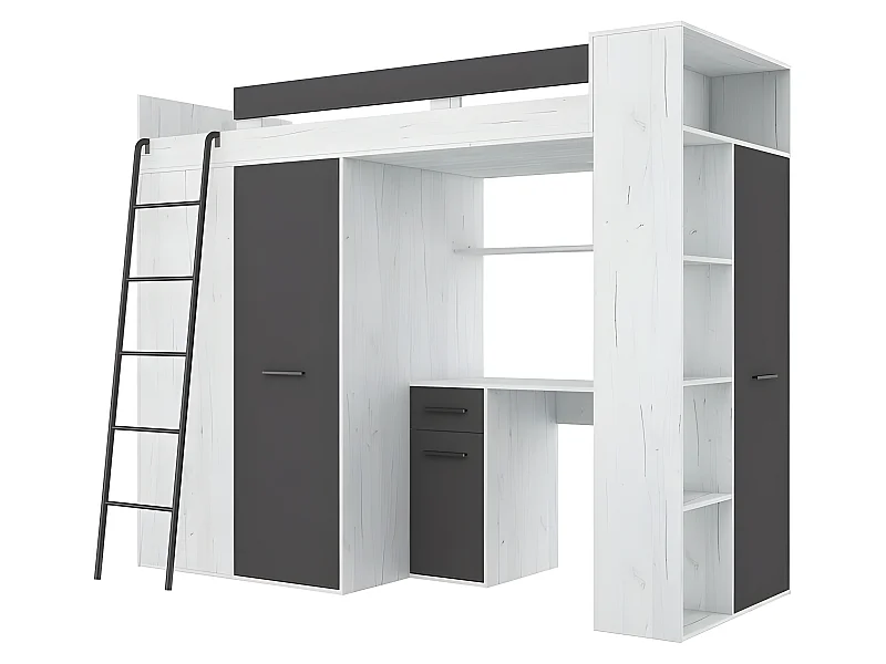 Lit Mezzanine 90x200cm avec échelle Placard, Bureau, bibliothèque et beaucoup d'étagéres VENA L Blanc artisan /Graphite