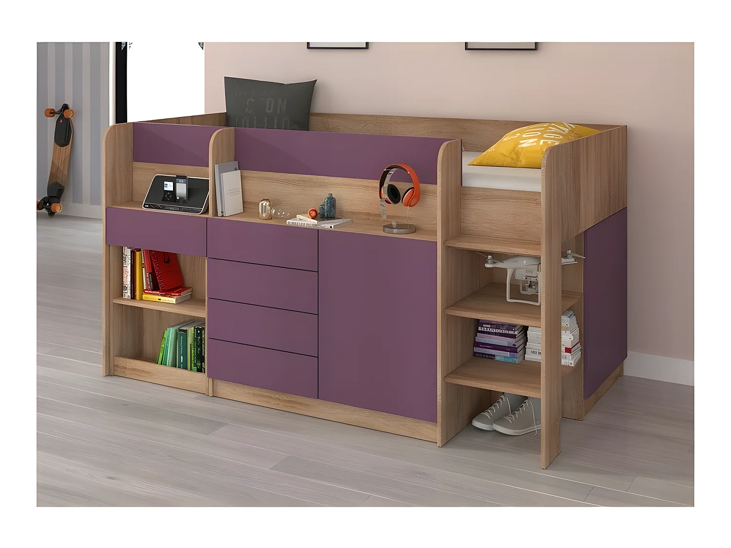 Lit Mezzanine 90x200cm avec échelle Placard, Bureau amovible, bibliothèque et  des étagéres SMIDA P Chêne sonoma/Violet