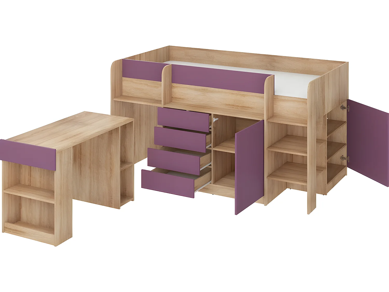 Lit Mezzanine 90x200cm avec échelle Placard, Bureau amovible, bibliothèque et  des étagéres SMIDA P Chêne sonoma/Violet