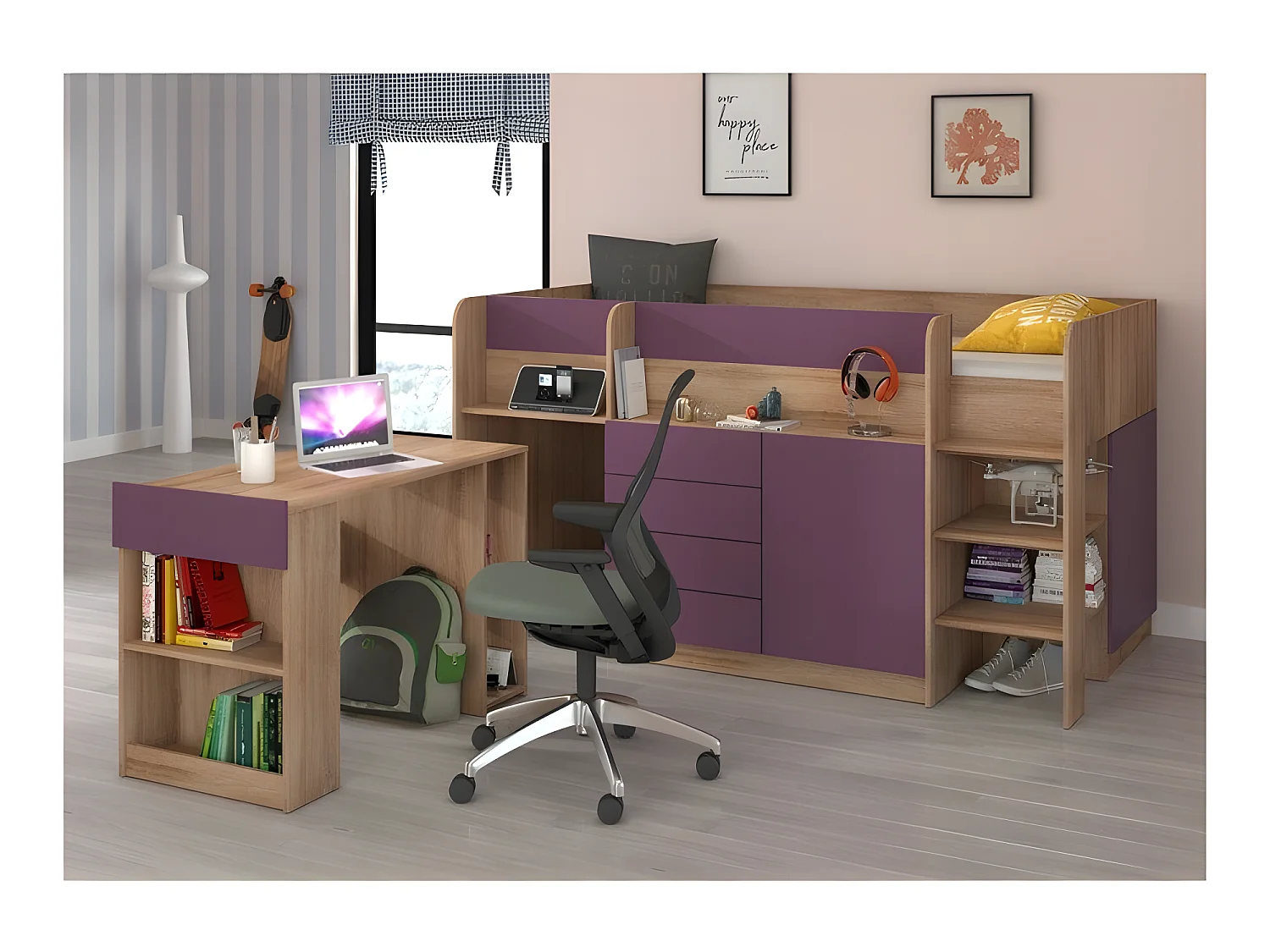 Lit Mezzanine 90x200cm avec échelle Placard, Bureau amovible, bibliothèque et  des étagéres SMIDA P Chêne sonoma/Violet
