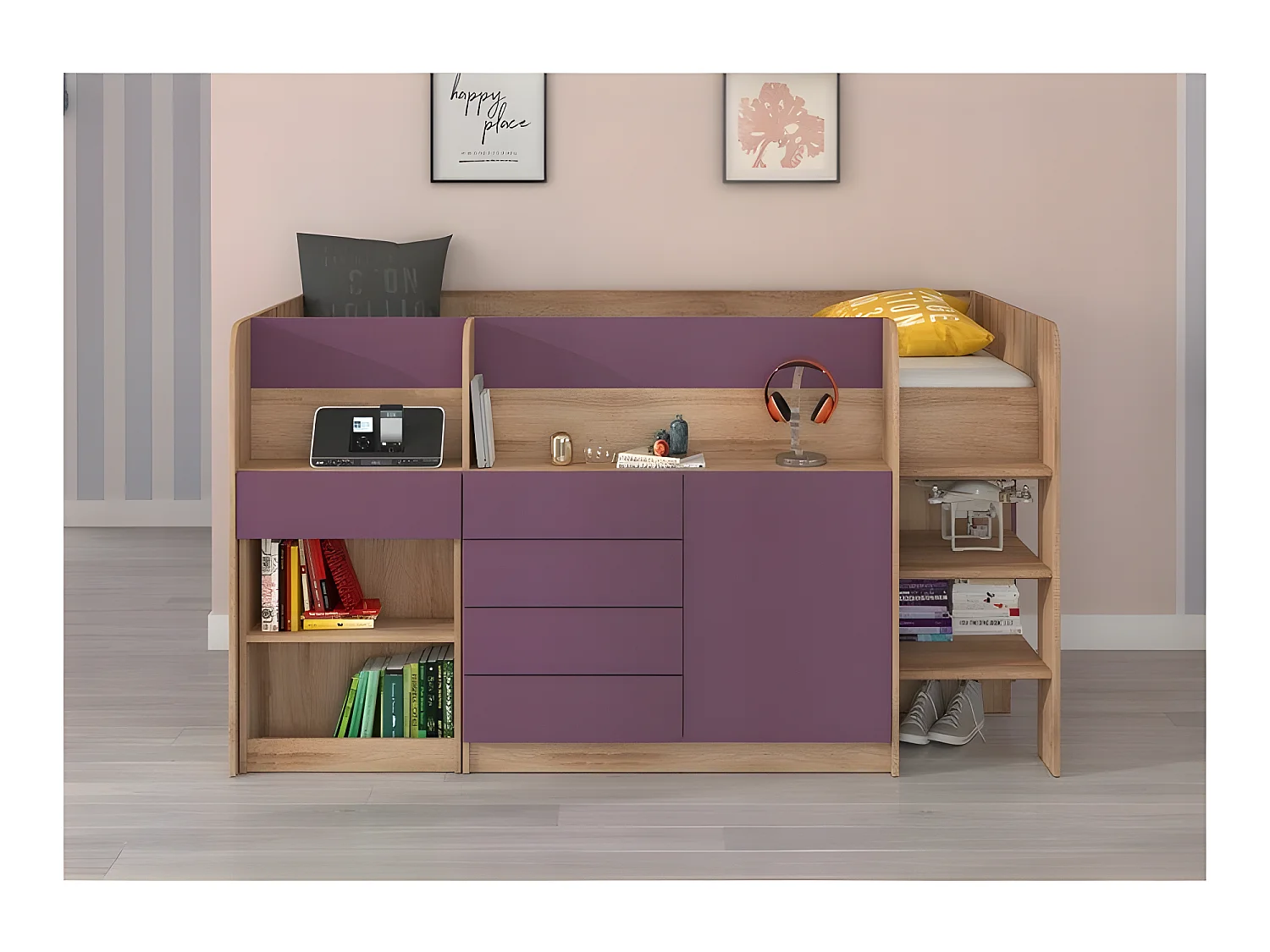 Lit Mezzanine 90x200cm avec échelle Placard, Bureau amovible, bibliothèque et  des étagéres SMIDA P Chêne sonoma/Violet