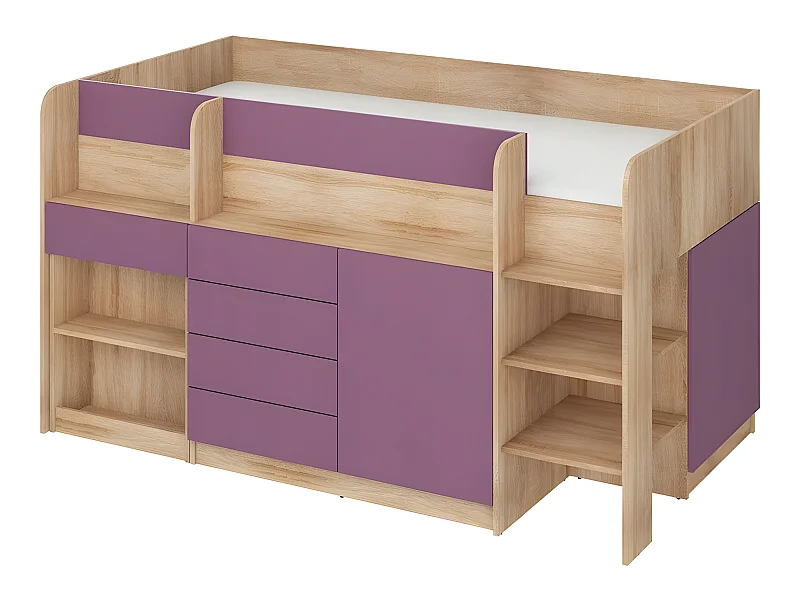 Lit Mezzanine 90x200cm avec échelle Placard, Bureau amovible, bibliothèque et  des étagéres SMIDA P Chêne sonoma/Violet