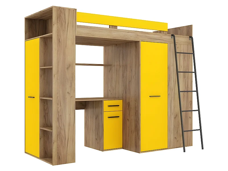 Lit Mezzanine 90x200cm avec échelle Placard, Bureau, bibliothèque et beaucoup d'étagéres VENA P Or artisan/jaune