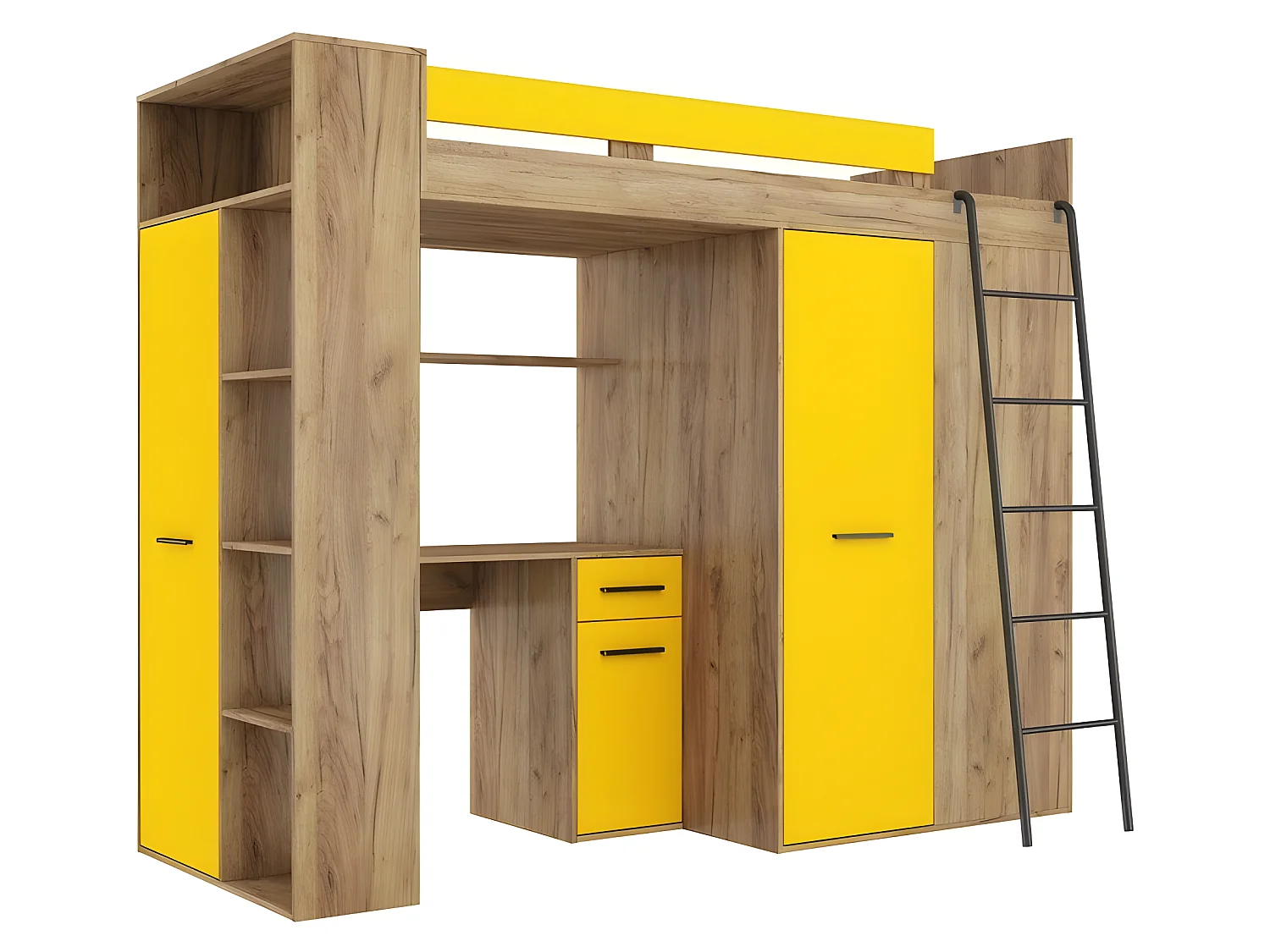 Lit Mezzanine 90x200cm avec échelle Placard, Bureau, bibliothèque et beaucoup d'étagéres VENA P Or artisan/jaune