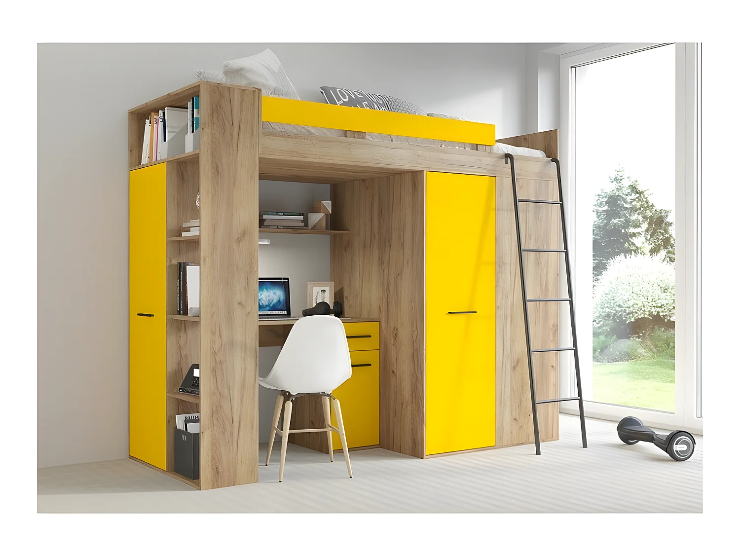 Lit Mezzanine 90x200cm avec échelle Placard, Bureau, bibliothèque et beaucoup d'étagéres VENA P Or artisan/jaune