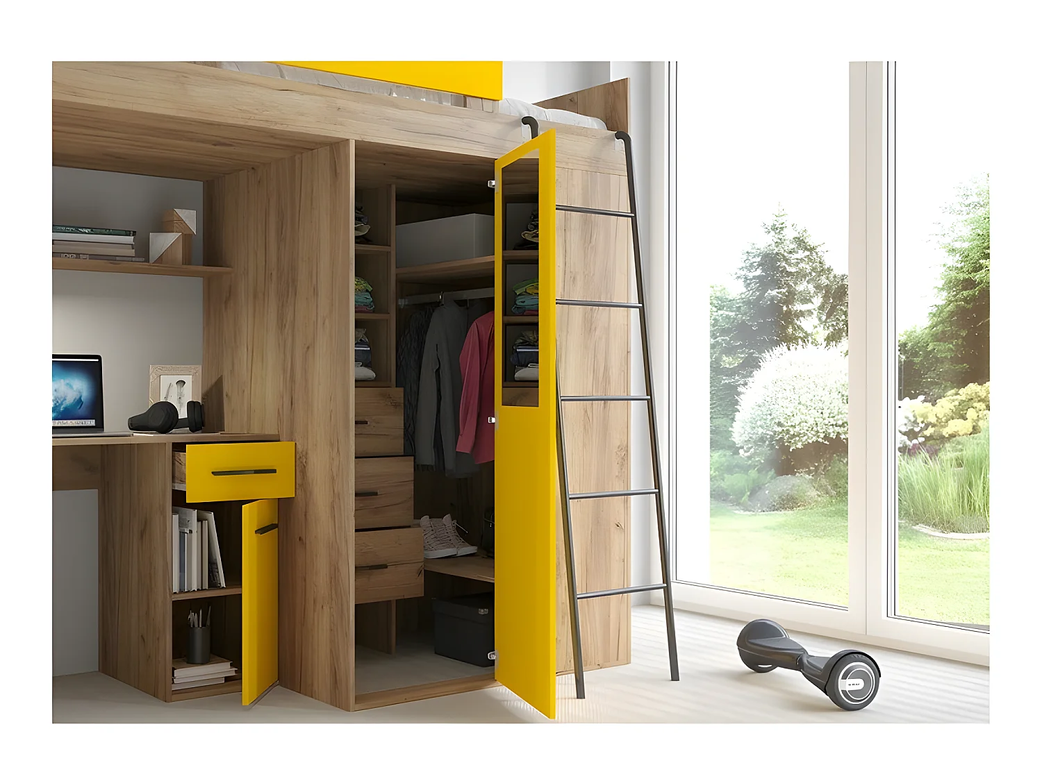 Lit Mezzanine 90x200cm avec échelle Placard, Bureau, bibliothèque et beaucoup d'étagéres VENA P Or artisan/jaune