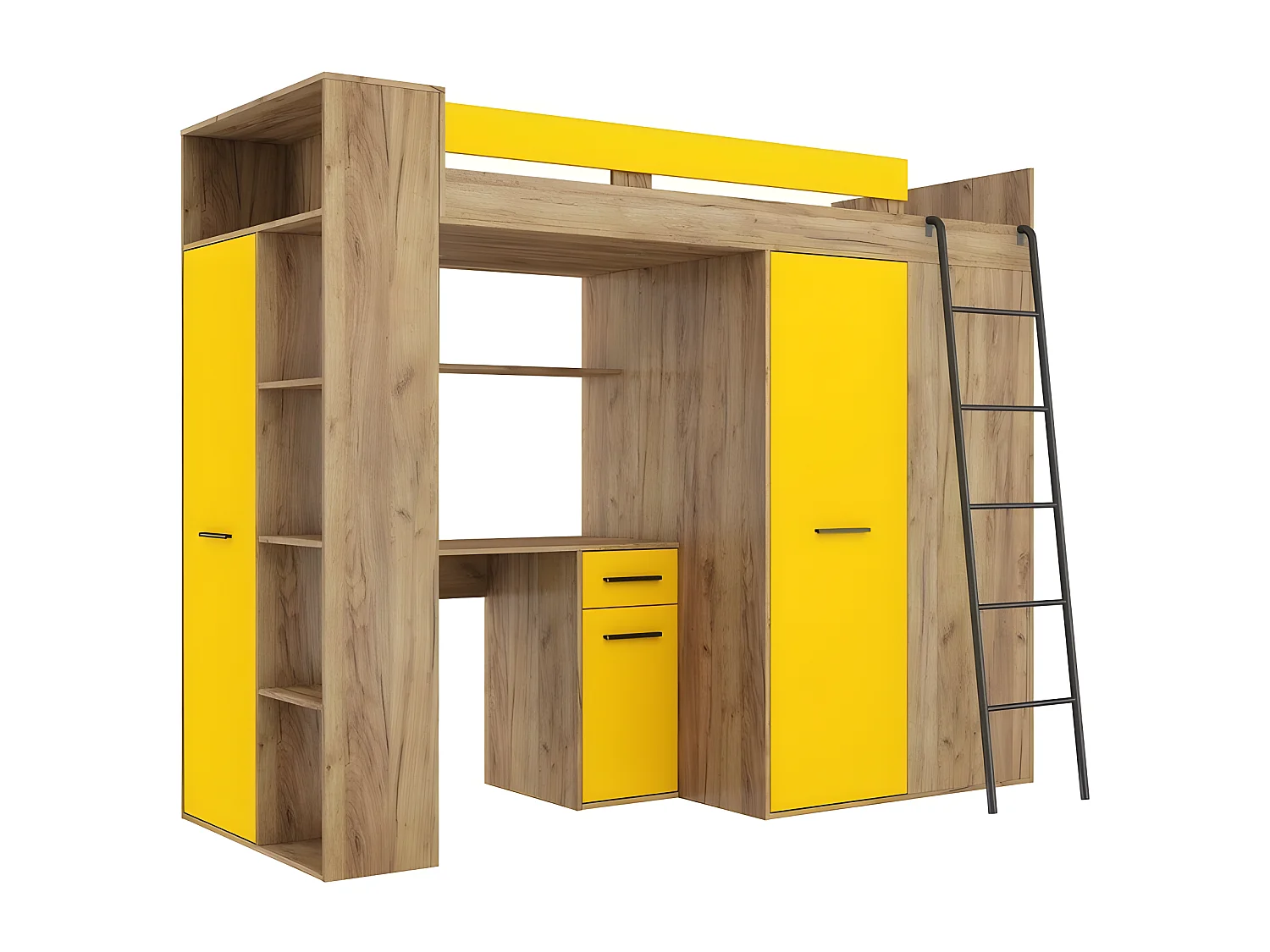 Lit Mezzanine 90x200cm avec échelle Placard, Bureau, bibliothèque et beaucoup d'étagéres VENA P Or artisan/jaune