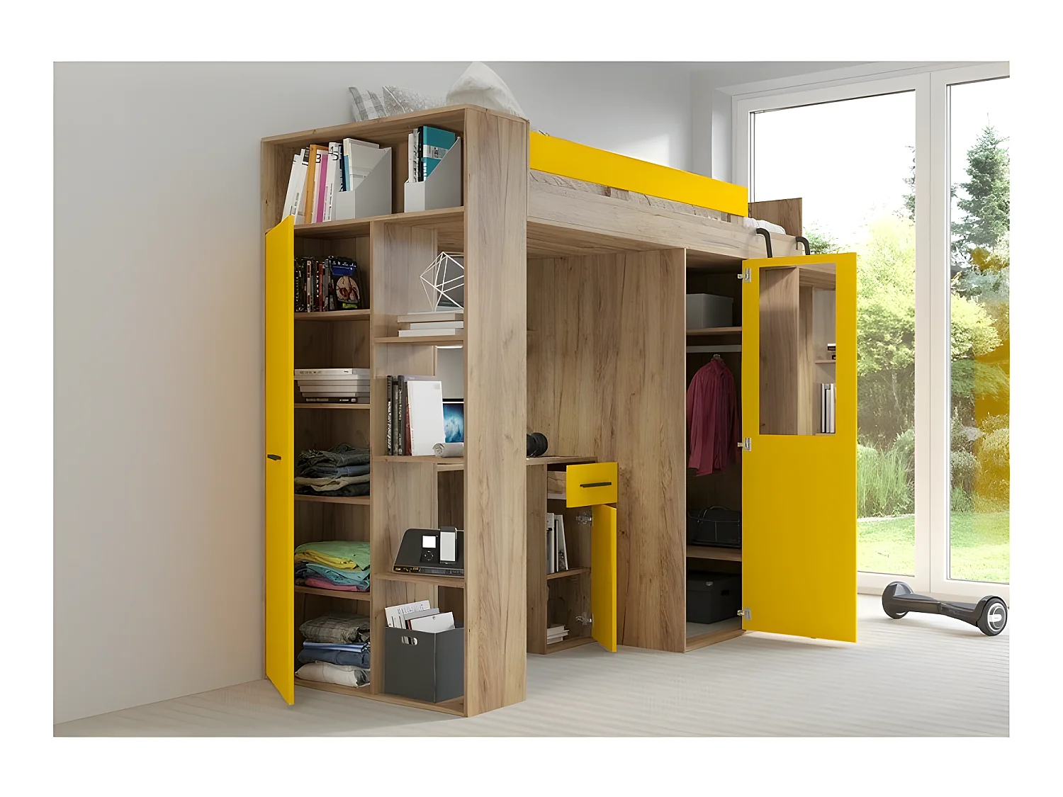 Lit Mezzanine 90x200cm avec échelle Placard, Bureau, bibliothèque et beaucoup d'étagéres VENA P Or artisan/jaune