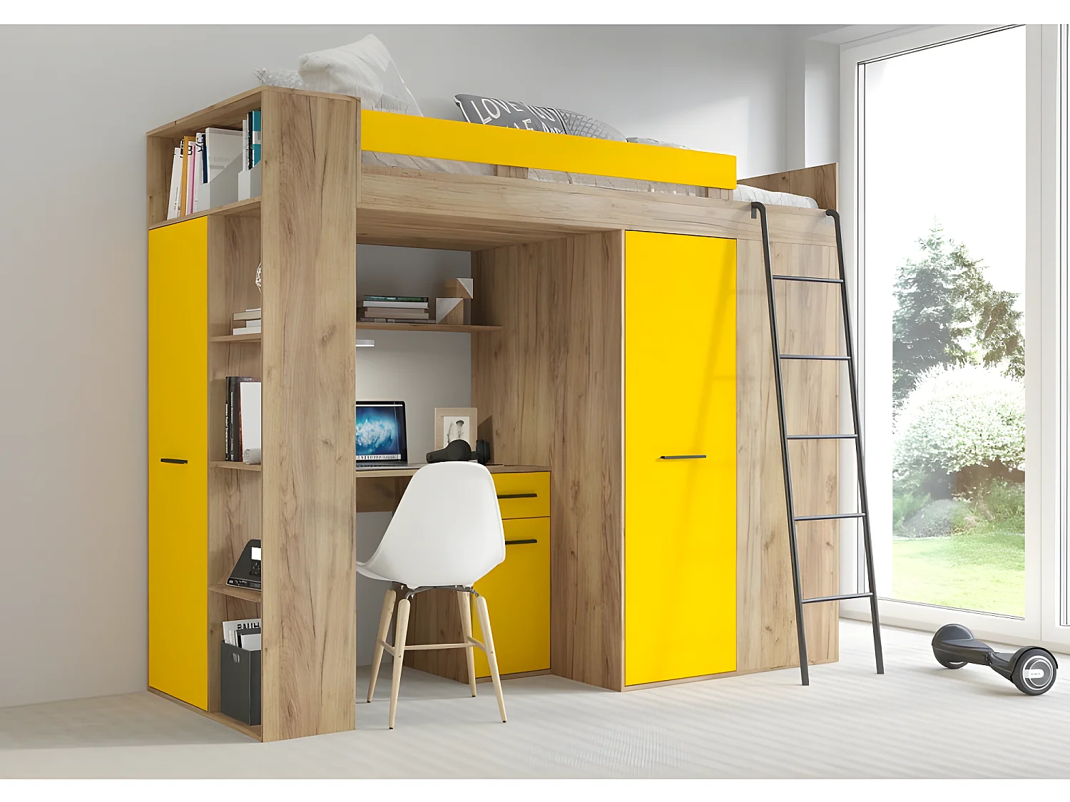 Lit Mezzanine 90x200cm avec échelle Placard, Bureau, bibliothèque et beaucoup d'étagéres VENA P Or artisan/jaune