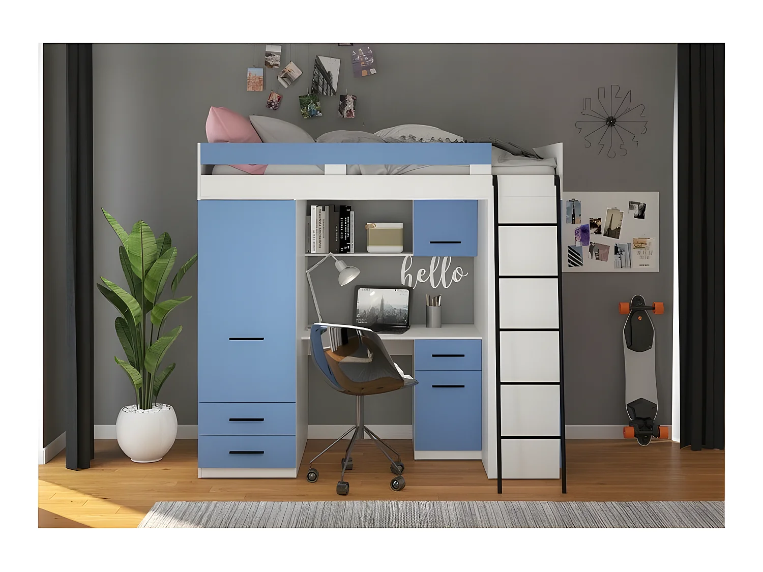 Lit Mezzanine 90x200cm avec échelle Placard, Bureau, bibliothèque et beaucoup d'étagéres LEVI P Blanc/Bleu