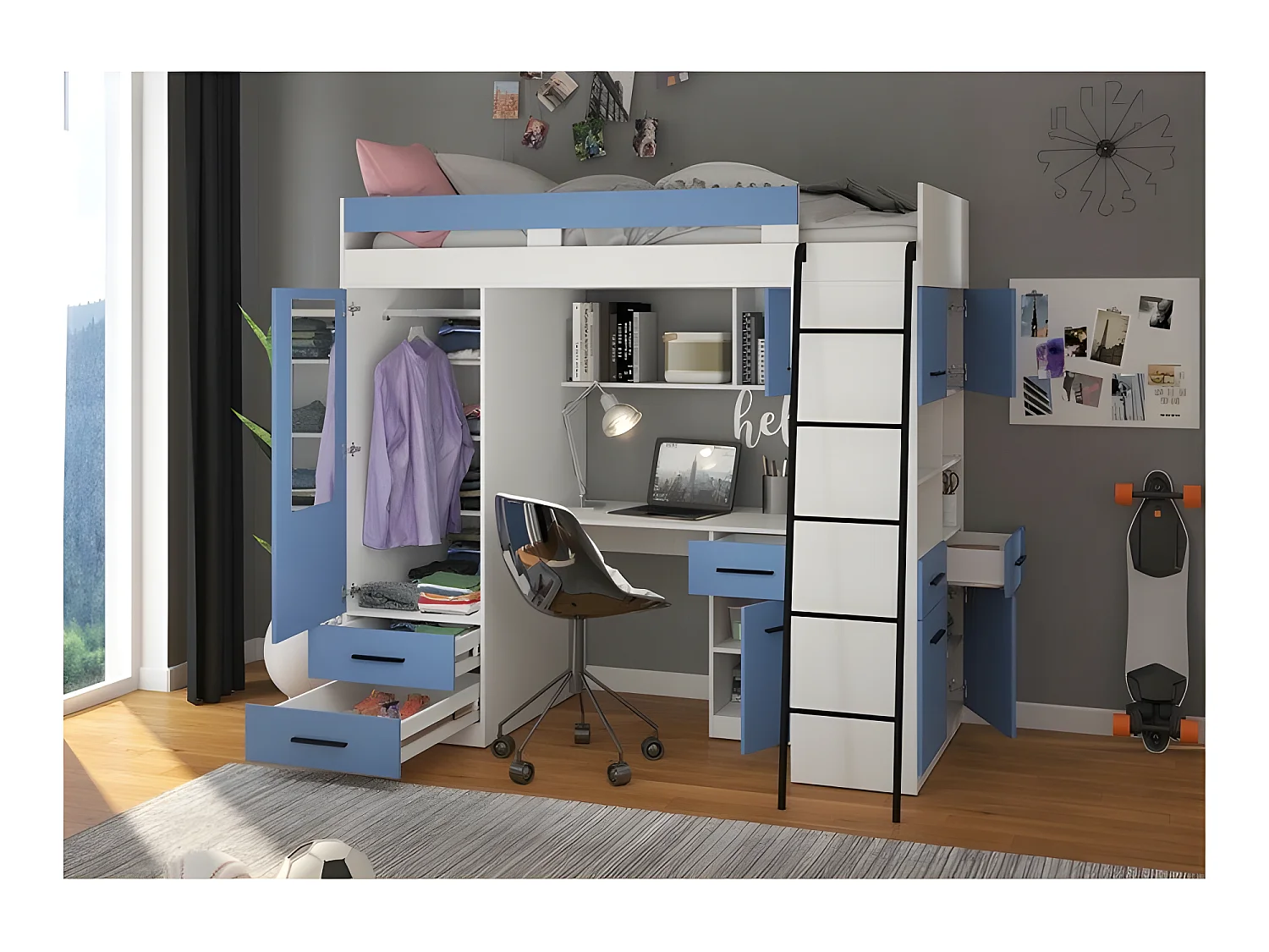 Lit Mezzanine 90x200cm avec échelle Placard, Bureau, bibliothèque et beaucoup d'étagéres LEVI P Blanc/Bleu