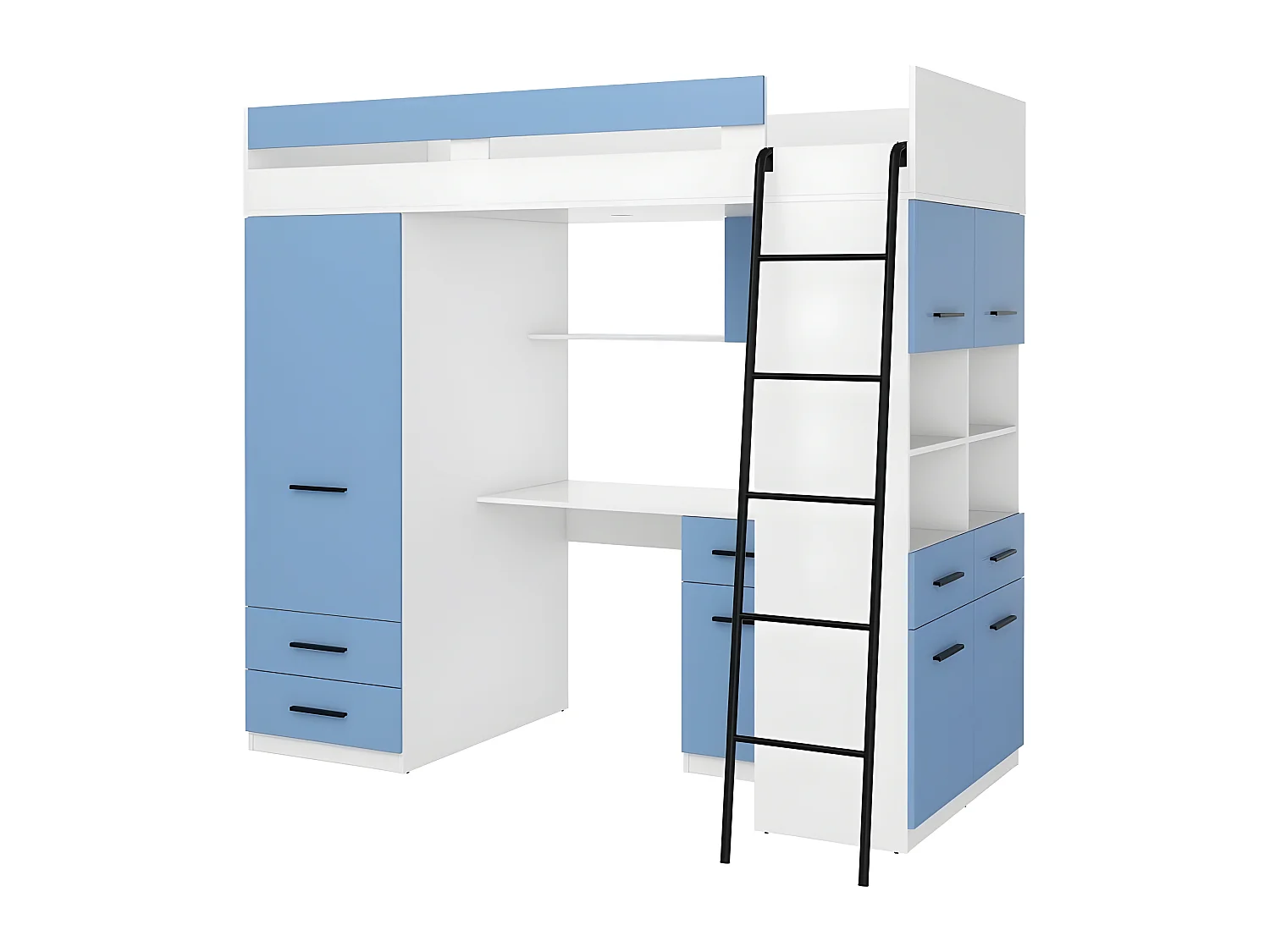 Lit Mezzanine 90x200cm avec échelle Placard, Bureau, bibliothèque et beaucoup d'étagéres LEVI P Blanc/Bleu