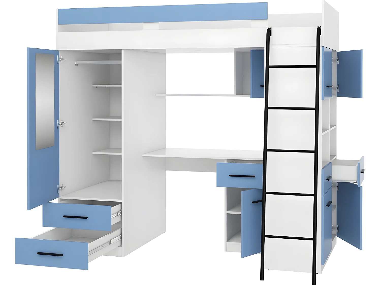Lit Mezzanine 90x200cm avec échelle Placard, Bureau, bibliothèque et beaucoup d'étagéres LEVI P Blanc/Bleu