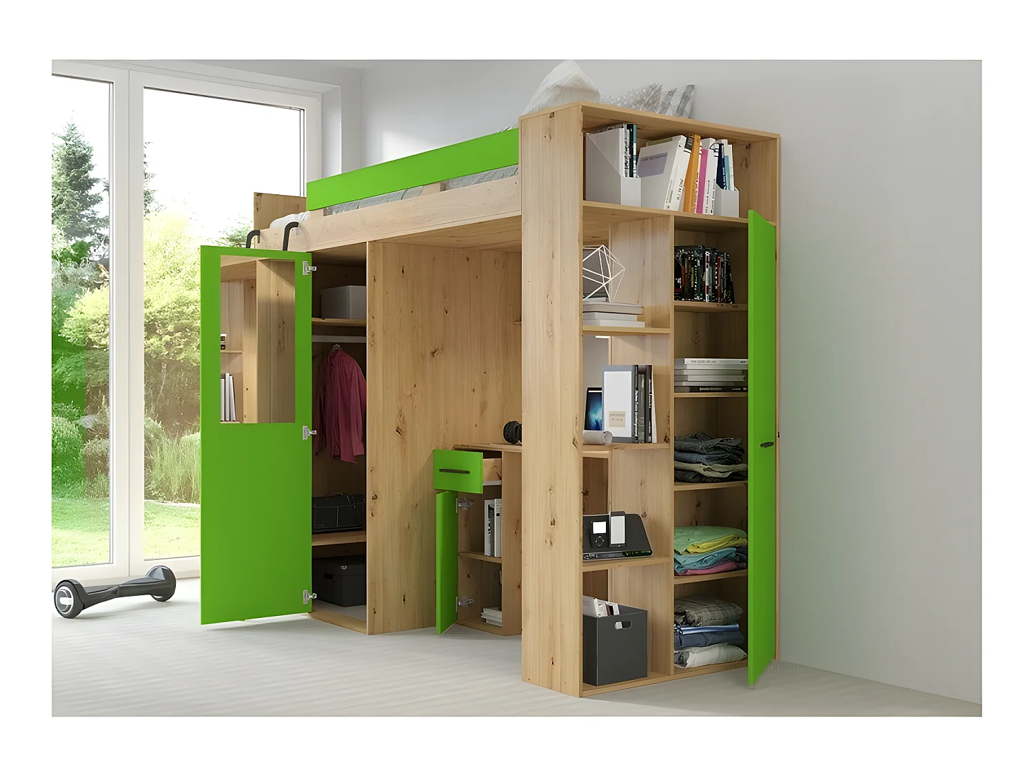 Lit Mezzanine 90x200cm avec échelle Placard, Bureau, bibliothèque et beaucoup d'étagéres VENA L Chêne artisan/vert