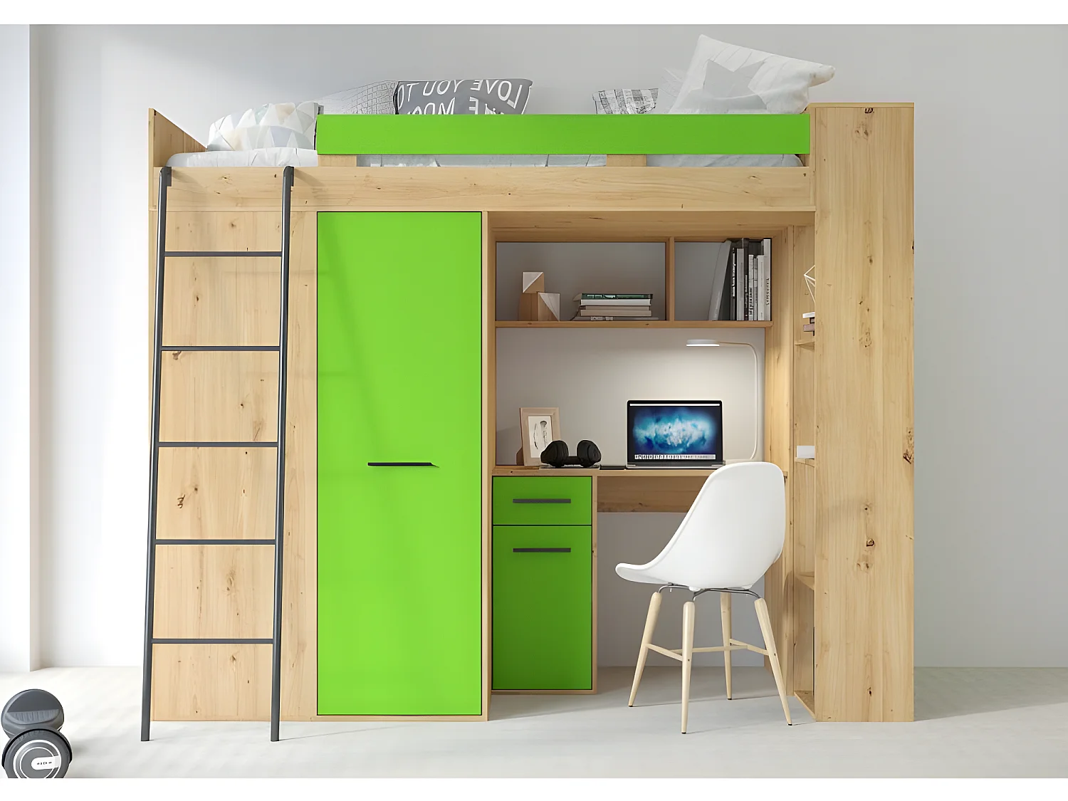 Lit Mezzanine 90x200cm avec échelle Placard, Bureau, bibliothèque et beaucoup d'étagéres VENA L Chêne artisan/vert